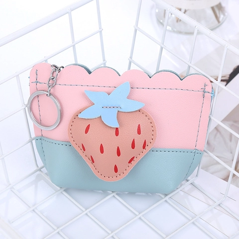 Cute Strawberry Coin Purse PU Leather Color Block Mini Pouch With Metal Key Ring Cartoon Wallet For Women Girls