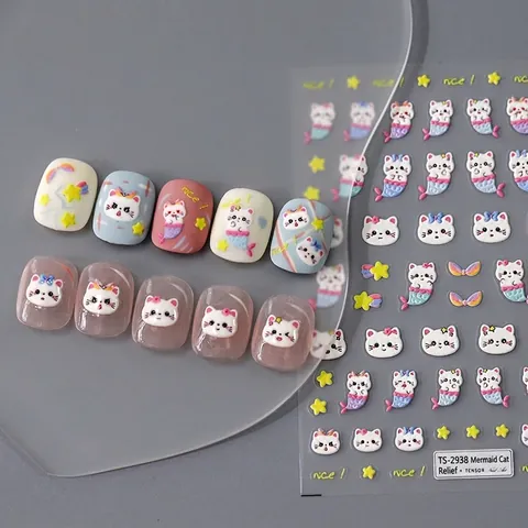 Stickers Ongles Relief 3D Dessin Animé Chat Sirène PET Auto-Adhésifs Décoration Manucure DIY Style Mignon