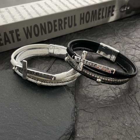 Multi Layer Armband Legierung PU Leder Strass Kreuz Blessed Graviert Böhmischen Punk Vintage Schmuck Zubehör