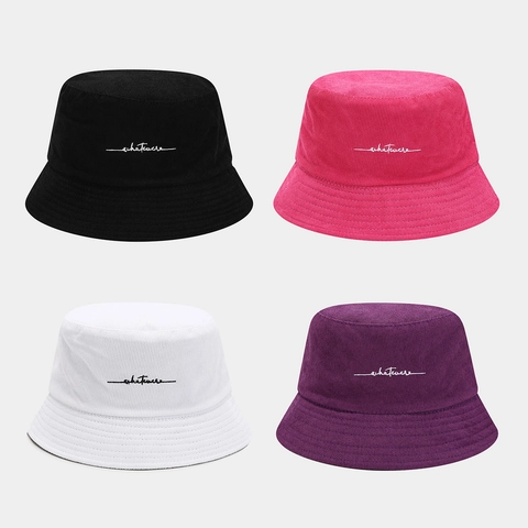 Cappello da Pescatore alla Moda in Velluto a Coste Donna Uomo Vintage Lettera Ricamata Protezione Solare Pieghevole Casual