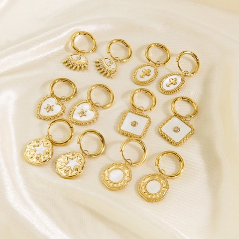 Stainless Steel Hoop Earrings With White Shell Zircon Evil Eye Cross Heart Charms 14K Gold Plated Vintage Jewelry For Women
