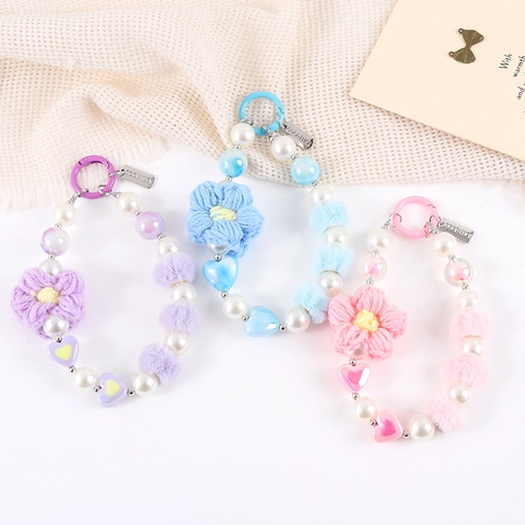 Blumen Schlüsselanhänger Strickherz Künstliche Perlen Handyband Künstliche Perlenimitat Plüschpompon Taschenanhänger Süßer Modeschmuck Artikel