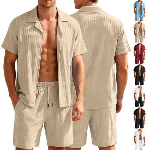 Mens Short Sleeve Button Down Shirt And Drawstring Shorts Outfit Polyester Vertical Stripe Textured Summer Beach Casual