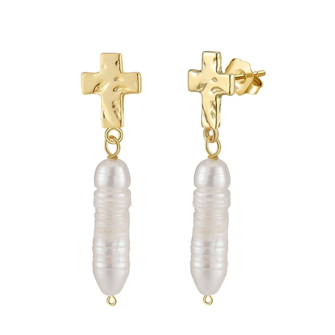 925 Sterlingsilber Kreuz Natur Barockparel Schmuckset Vergoldet Süßwasserperlen Ohrringe Halskette Religiöses Geschenk