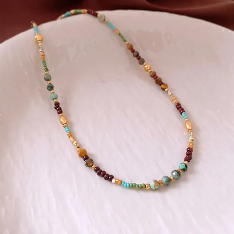 Beaded Necklace Stainless Steel With Natural Stones Turquoise Tiger Eye Vintage Ethnic Bohemian Style Jewelry For Women