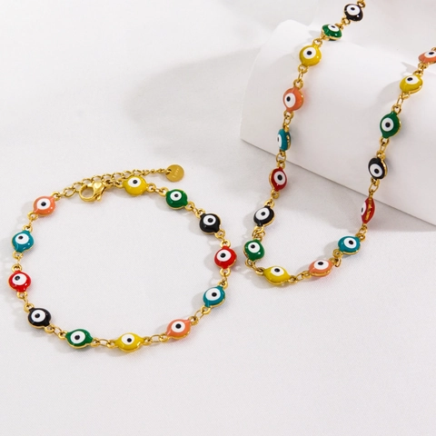 Collier Et Bracelet Et Bracelet De Cheville Evil Eye Émail Coloré Chaîne En Acier Inoxydable Bijoux Bohèmes Pour Femmes