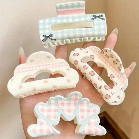 Sweet Plaid Floral Hair Claw Clip Acrylic Cute Bow Heart Leopard Print Korean Style Shark Hairpin For Women Girls