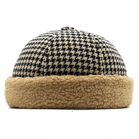 Retro Houndstooth Senza Tesa Landlord Cappello Inverno Caldo Misto Cotone Con Bordo In Pile Docker Cap Per Uomini E Donne