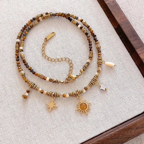 Doppellagige Halskette Boho Tigerauge Stein Perlen Sonne Stern Anhänger Retro Edelstahl Legierung Schmuck Damen