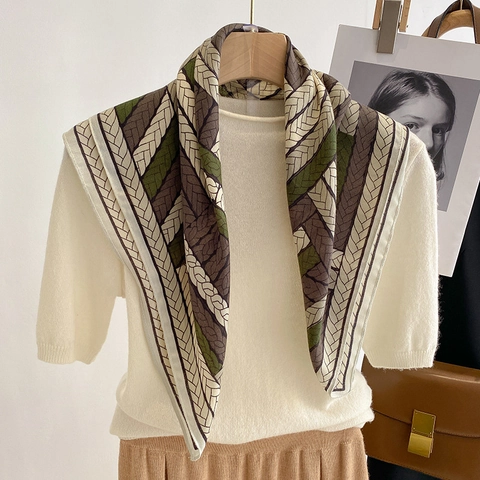 Elegant Women Square Scarf Satin Like Polyester Braid Print Fashion Neck Head Wrap Chic Accessory