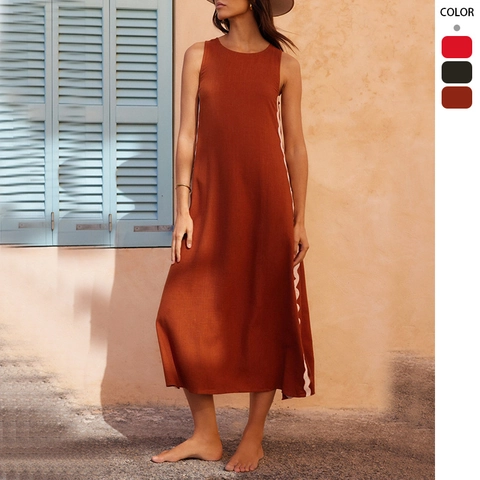 Women Sleeveless Maxi Dress Round Neck Scalloped Ric-Rac Trim Side Slit Casual Vacation Elegant Solid Color Apparel