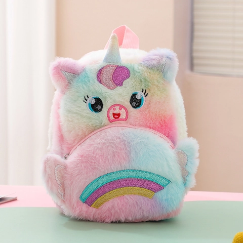Women's Kids Plush Unicorn Backpack Cartoon Rainbow Sequins Color Block School Bag Soft Furry Animal Travel Backpack