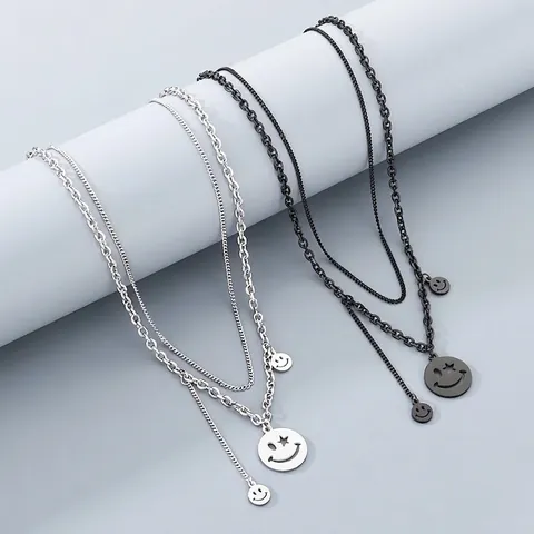 Smiley Face Dubbele Laag Ketting Voor Dames Heren Roestvrij Staal Retro Hip Hop Ster Oog Hanger Streetwear Sieraden