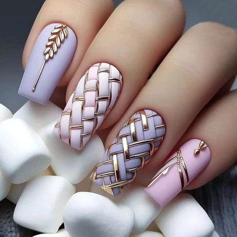 Purple Pink Plaid Wheat Ear Press On Nails Square Shape ABS Detachable False Nails Decorative Manicure For Women