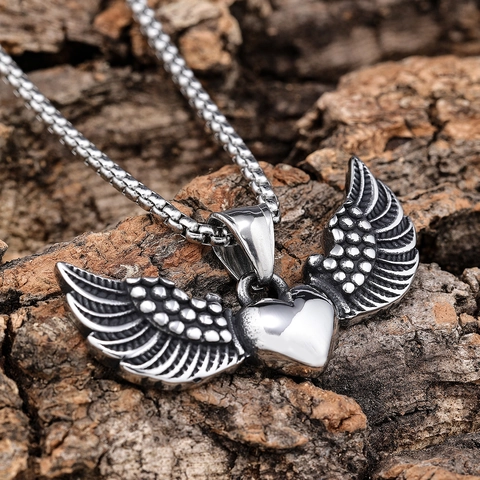 Collier Pendentif Cœur Aile Acier Inoxydable Rétro Gothique Style Punk Bijoux Ton Argent Pour Hommes Femmes Accessoire Mode