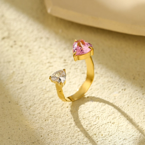 Heart Open Ring Stainless Steel Colorful Zircon Adjustable Fashion Jewelry For Women Elegant