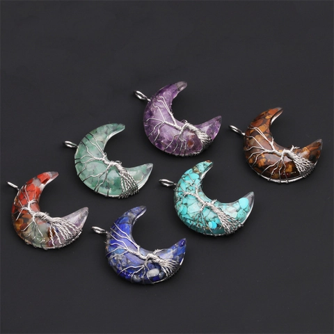 Tree Of Life Crescent Moon Pendant Necklace Natural Crystal Crushed Stone Resin Wire Wrapped Jewelry For Women