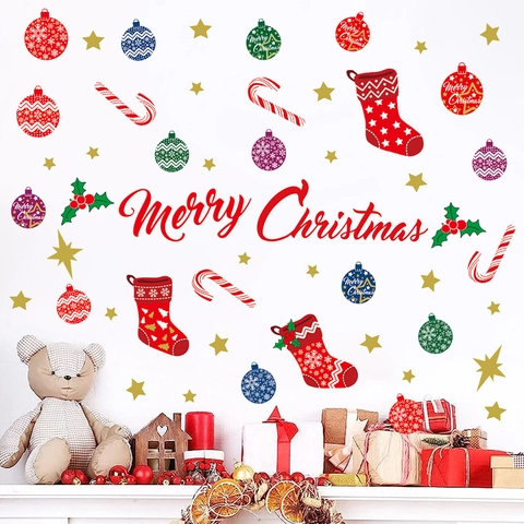 Pegatinas De Pared De Navidad PVC Letras Merry Christmas Calcetines Bastones De Caramelo Bolas Calcomanías Estáticas Ventana