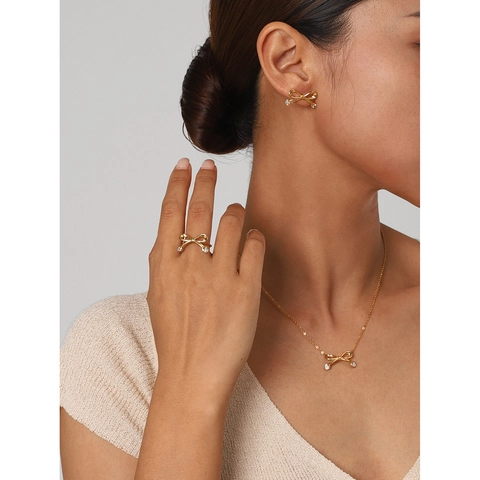 Elegante Schleife Herz Zirkon Ohrstecker Edelstahl 18K Vergoldet Schmuck Für Damen Chic Stil