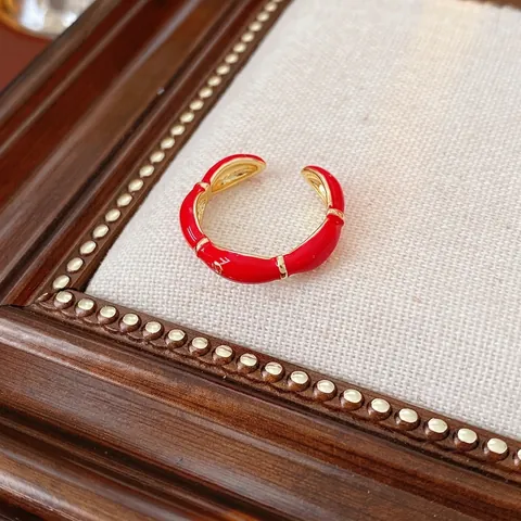 Retro Red Enamel Bamboo Joint Copper Ring Gold Plated Adjustable Open Segmented Minimalist Finger Jewelry Women