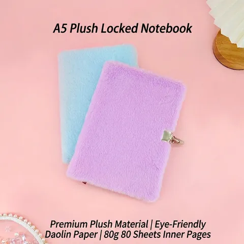 Plush Notebook With Lock And Key Faux Fur Diary Journal Lined Paper Stationery For Students Girls Gift