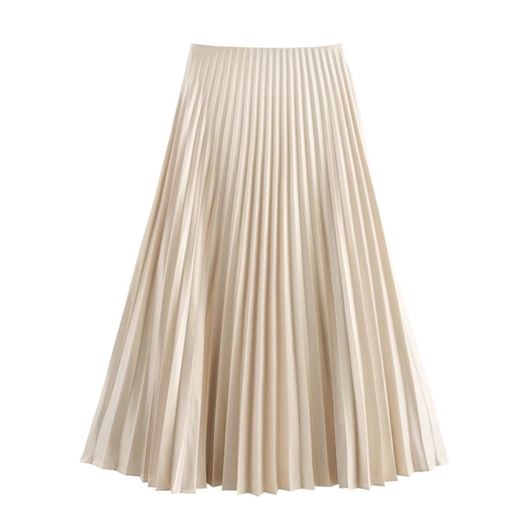High Waist Pleated Midi Skirt Satin A-Line Elegant Solid Color Chic Office Party Bottom For Women