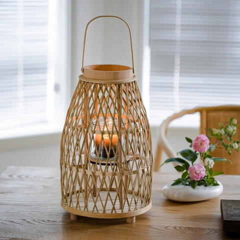 Lanterne Bougeoir En Bambou Tissé Avec Gobelet En Verre Base En Bois Style Pastoral Pour Jardin Terrasse Maison Décor