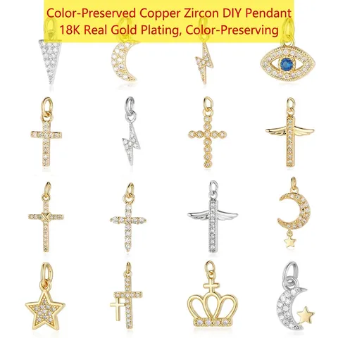 Copper Cubic Zirconia Charms Pendants For DIY Jewelry Making Cross Star Moon Lightning Evil Eye Triangle