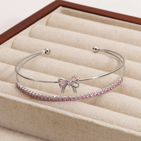 Double Layer Platinum Plated Copper Bow Open Bangle Pink Zircon Cubic Zirconia Bracelet For Women Sweet Style