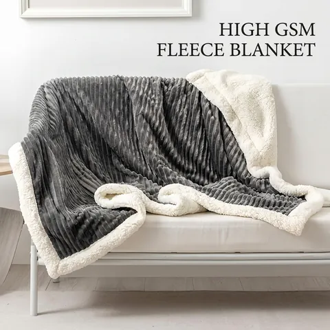 Double Layer Flannel Striped Blanket With Sherpa Lining Thickened Soft Solid Color Striped Nap Throw