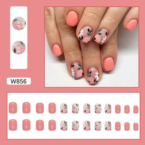 Press On Nails Short Square Vintage Floral Peony Pattern Coral Pink Full Cover False Nails For Women Wearable
