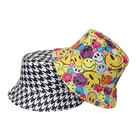 Chapeau Bob Réversible Polyester Protection Solaire Pied De Poule Et Imprimé Visage Souriant Coloré Mode Décontractée Femmes