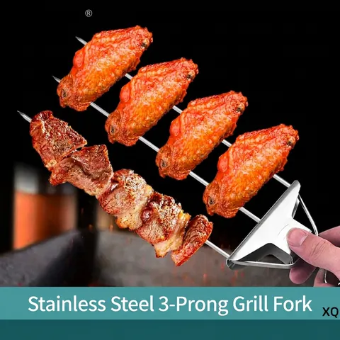 Barbecue Skewers 430 Stainless Steel Triple Head 3 Prong BBQ Forks With Semi-Automatic Food Push Slider For Outdoor Grilling