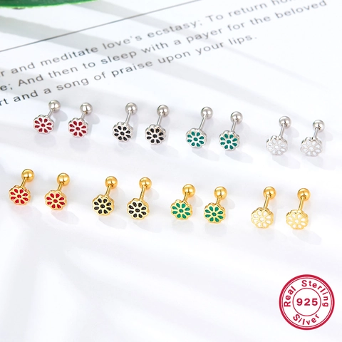 Flower Stud Earrings With 925 Sterling Silver Earring Post Drip Glaze Colorful Enamel Sweet Jewelry For Women Screw Back