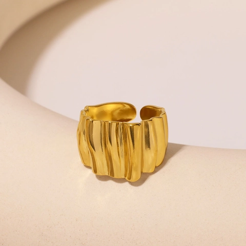 Wellenförmiger Falten Offener Ring 18K Vergoldet Edelstahl Lava Geometrisch Verstellbar Fingerring Für Damen Vintage Stil