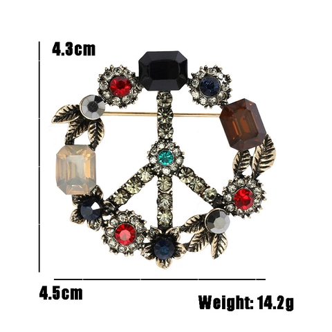 Retro Baroque Alloy Rhinestone Peace Sign Brooch Multi Color Gemstone Flower Leaf Pin For Women Coat Cardigan Accessories