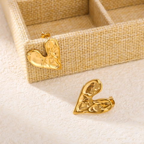 Hammered Heart Stud Earrings 18K Gold Plated Stainless Steel Irregular Rock Texture Minimalist Luxury Jewelry For Women