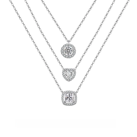 925 Sterling Silver Pendant Necklace For Women Heart Square Round Shape Cubic Zirconia Halo Elegant Jewelry Gift