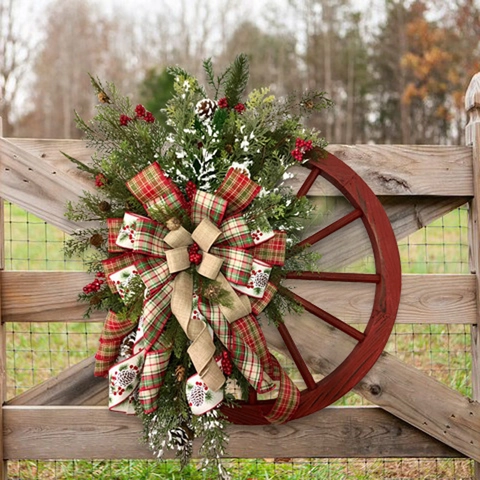 Christmas Wreath Swag Wooden Wagon Wheel Artificial Pine Needle Red Berries Burlap Plaid Bow Farmhouse Vintage Door Decor