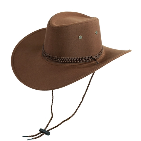 Sombrero de Vaquero del Oeste Vintage de Poliéster de Ala Ancha Sombrero de Sol Con Cuerda de Viento Ajustable Banda Tejida Para Viajes Al Aire Libre Fiesta Unisex