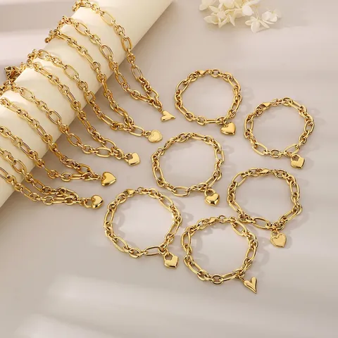 Collar Y Pulsera De Acero Inoxidable Con Colgante De Corazón Joyería Bañada En Oro De 18K Cadena De Eslabones Ovalados Moda Mujer