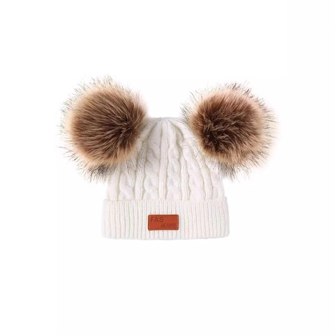 Kids Knitted Beanie Hat With Faux Fur Pom Poms Cable Knit Warm Winter Outdoor Cute For Baby Toddlers Soft Acrylic