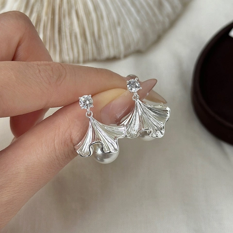 Ginkgo Leaf Fan Shape Dangle Earrings With Imitation Artificial Pearl And Zircon Inset 925 Sterling Silver Earring Post For Women