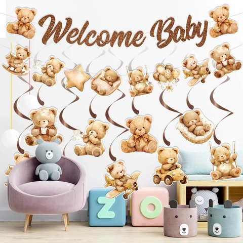 Kit Decoración Baby Shower Oso De Peluche Pancarta Welcome Baby Espirales Papel Panal Acuarela Marrón Niño Niña