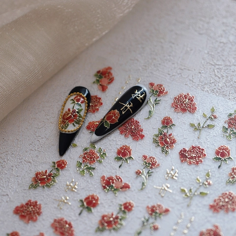 Stickers Nail Art Relief 3D Pivoine Rouge Fleurs Calligraphie Chinoise Bronzage Or Ultra Minces Décalcomanies Auto Adhésives Décor De Manucure