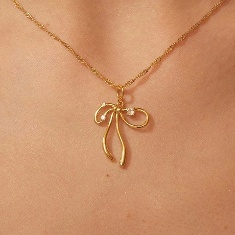 Collier Pendentif Nœud Papillon Et Boucles Oreilles Style Espagnol Cuivre Plaqué Or Avec Zircon Bijoux Délicats