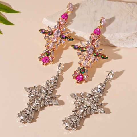 Pendientes Colgantes Cruz Barroca Con Poste De Pendiente De Plata Aleación Diamante De Imitación Joyería De Lujo Mujer