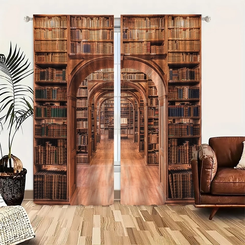 Vintage Bücherregal 3D Druck Vorhänge Polyester Bibliothek Muster Bogenkorridor Perspektive Verdunkelungsvorhänge Für Wohnzimmer