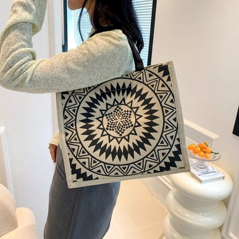 Large Capacity Linen Cotton Tote Bag Ethnic Geometric Mandala Pattern Shoulder Handbag For Women Daily Travel Shopping