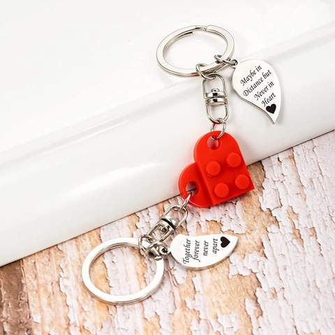 Heart Building Block Splicing Keychain For Couples Best Friends Stainless Steel Engraved Pendant Key Ring Jewelry Gift